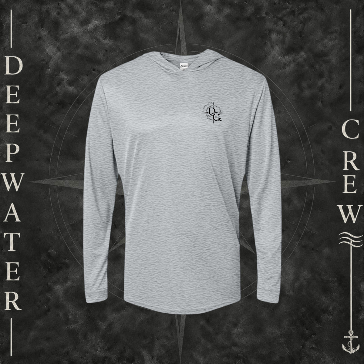 Heather Gray Deepwater Crew Co. Deepwater Nomad UPF 30 performance hoodie, front view with small DC compass crest chest logo.