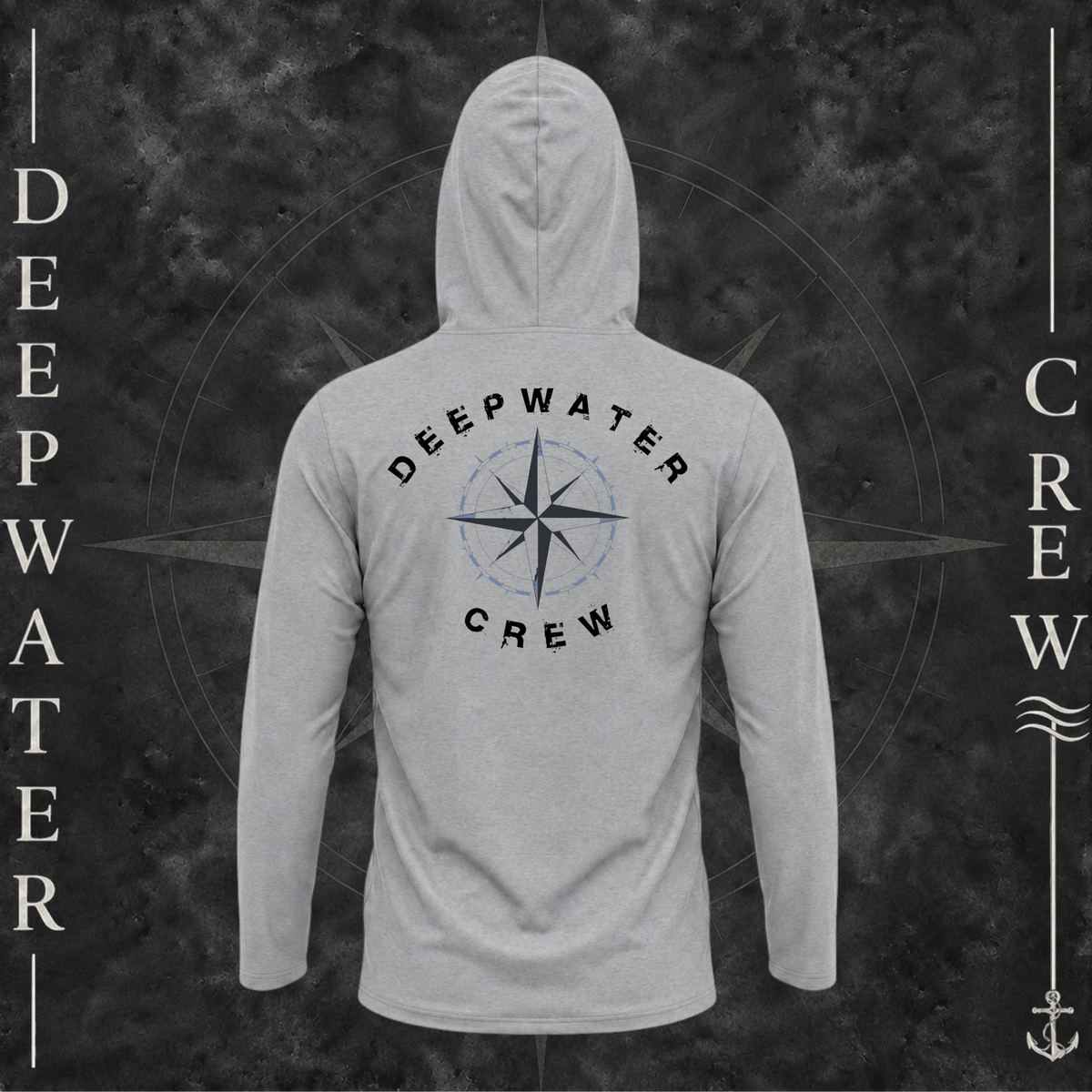 Medium Gray Deepwater Crew Co. Deepwater Nomad UPF 50+ performance hoodie, back view with large distressed compass rose graphic and Deepwater Crew lettering.