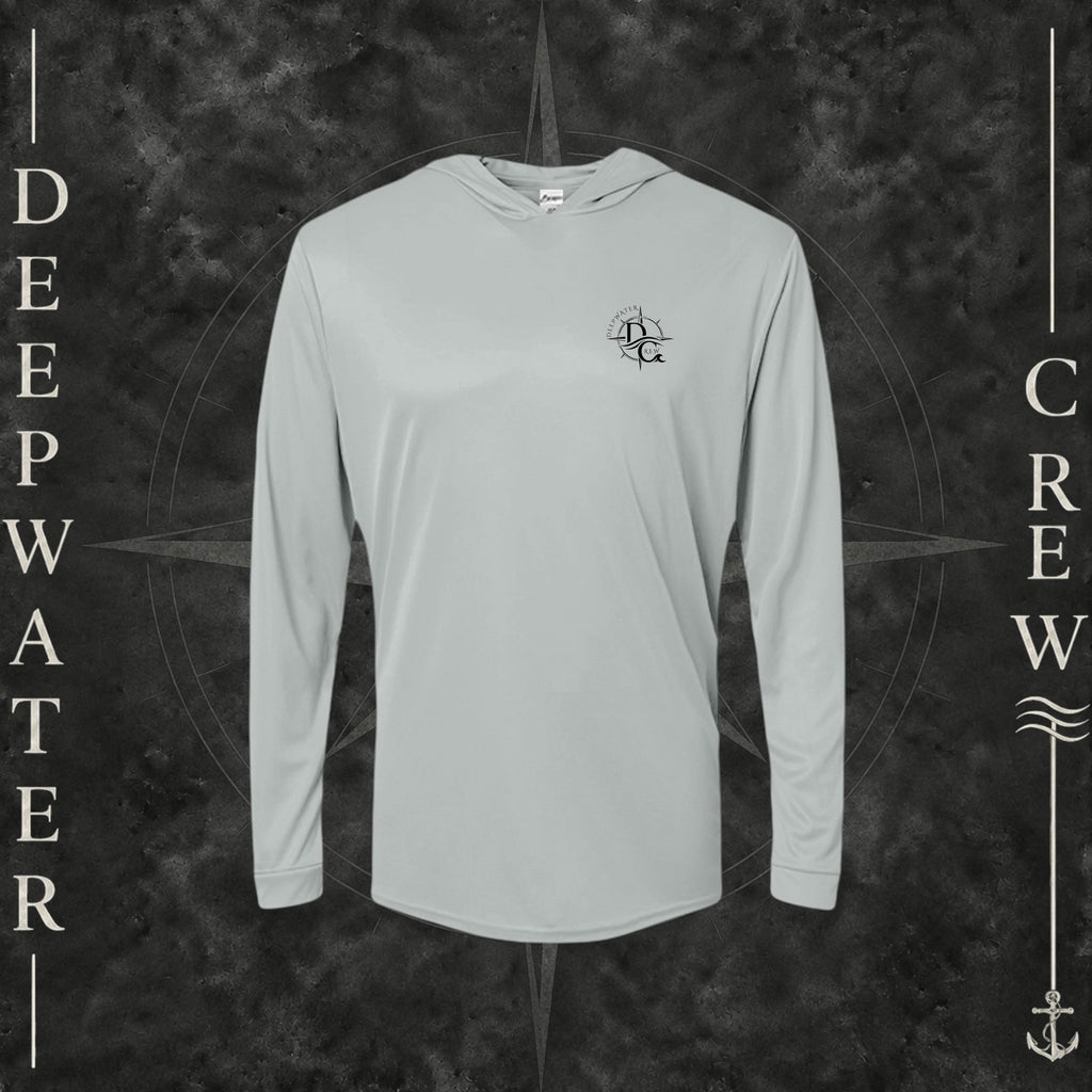 Medium Gray Deepwater Crew Co. Deepwater Nomad UPF 50+ performance hoodie, front view with small DC compass crest chest logo.