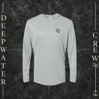 Medium Gray Deepwater Crew Co. Deepwater Nomad UPF 50+ performance hoodie, front view with small DC compass crest chest logo.