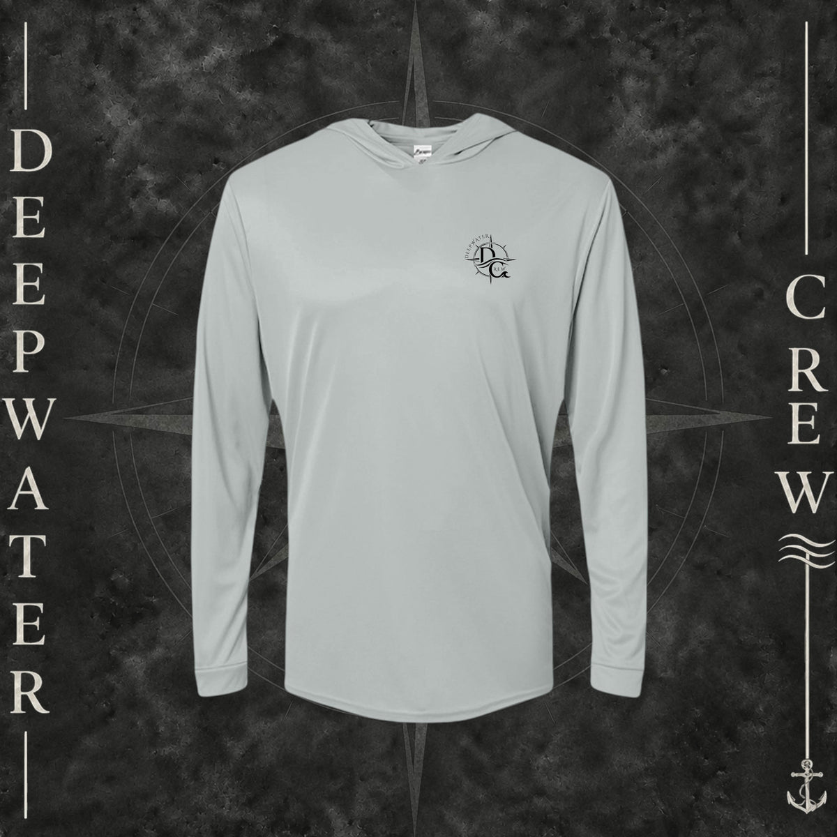 Medium Gray Deepwater Crew Co. Deepwater Nomad UPF 50+ performance hoodie, front view with small DC compass crest chest logo.