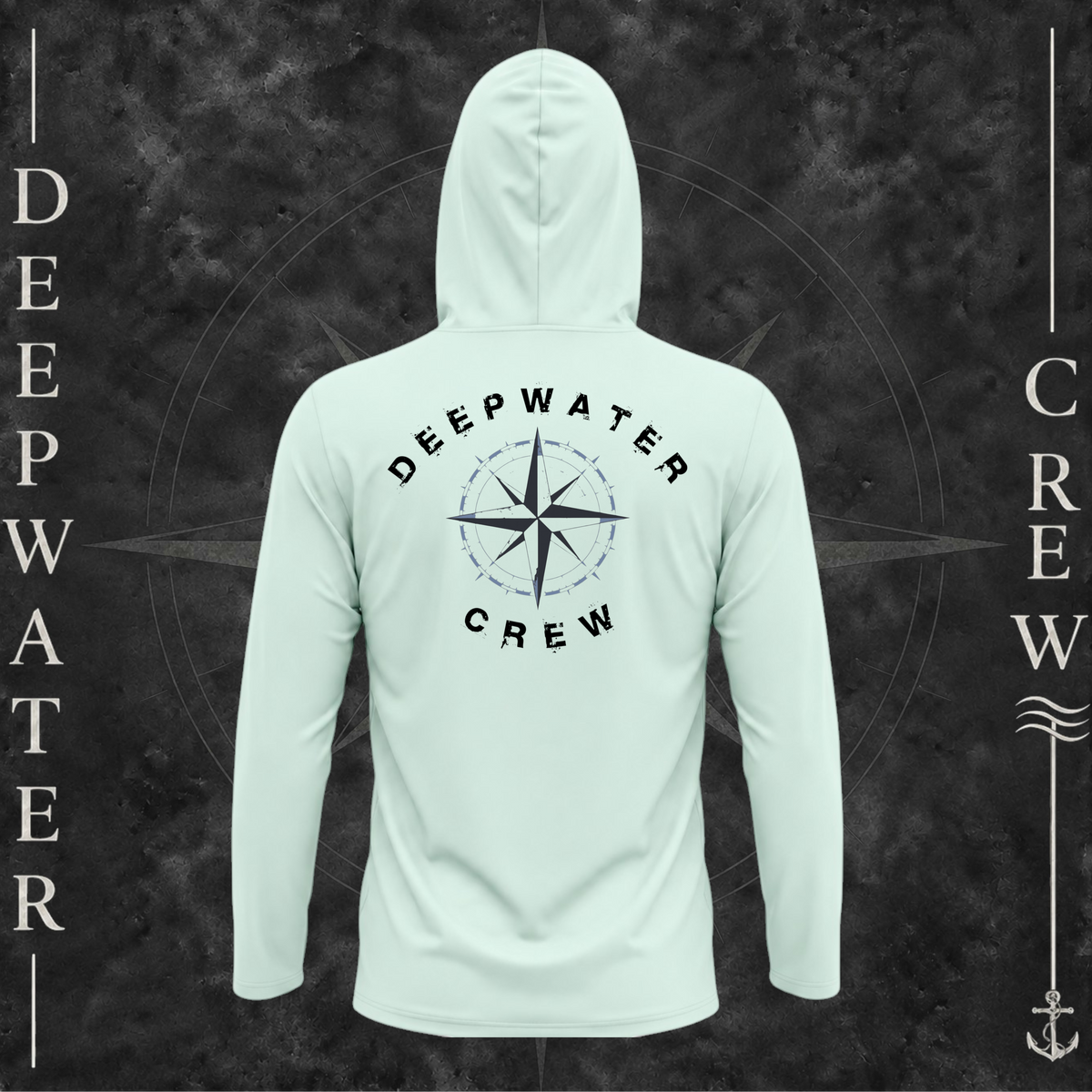 Mint Green Deepwater Crew Co. Deepwater Nomad UPF 50+ performance hoodie, back view with large distressed compass rose graphic and Deepwater Crew lettering.