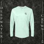 Mint Green Deepwater Crew Co. Deepwater Nomad UPF 50+ performance hoodie, front view with small DC compass crest chest logo.