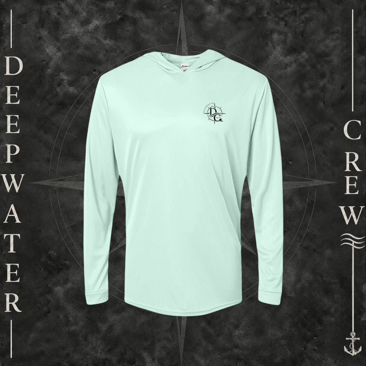 Mint Green Deepwater Crew Co. Deepwater Nomad UPF 50+ performance hoodie, front view with small DC compass crest chest logo.