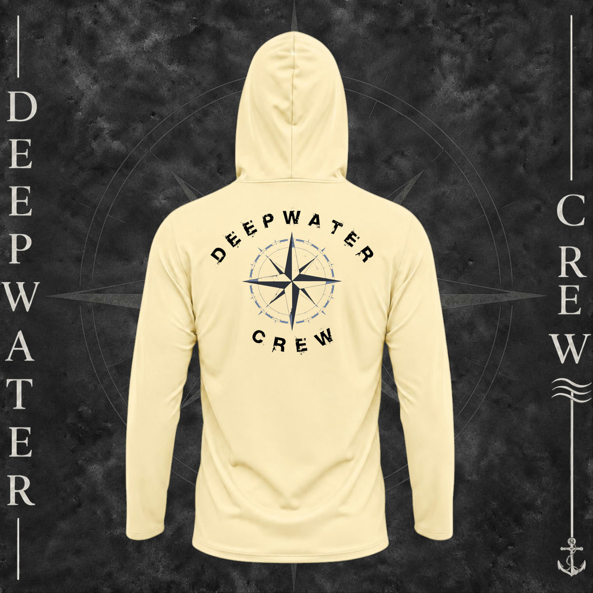 Pale Yellow Deepwater Crew Co. Deepwater Nomad UPF 50+ performance hoodie, back view with large distressed compass rose graphic and Deepwater Crew lettering.