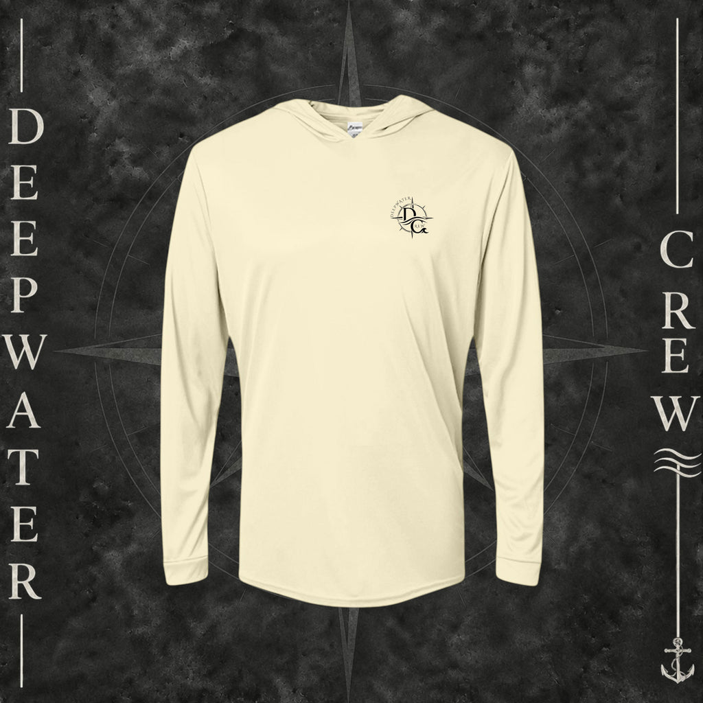 Pale Yellow Deepwater Crew Co. Deepwater Nomad UPF 50+ performance hoodie, front view with small DC compass crest chest logo.