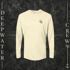 Pale Yellow Deepwater Crew Co. Deepwater Nomad UPF 50+ performance hoodie, front view with small DC compass crest chest logo.