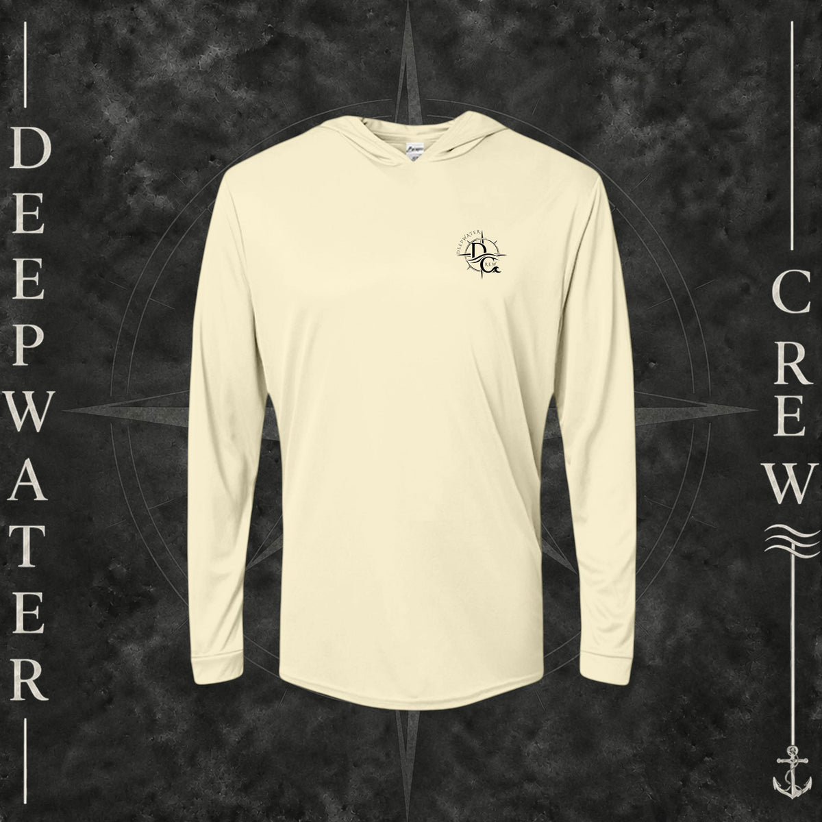 Pale Yellow Deepwater Crew Co. Deepwater Nomad UPF 50+ performance hoodie, front view with small DC compass crest chest logo.