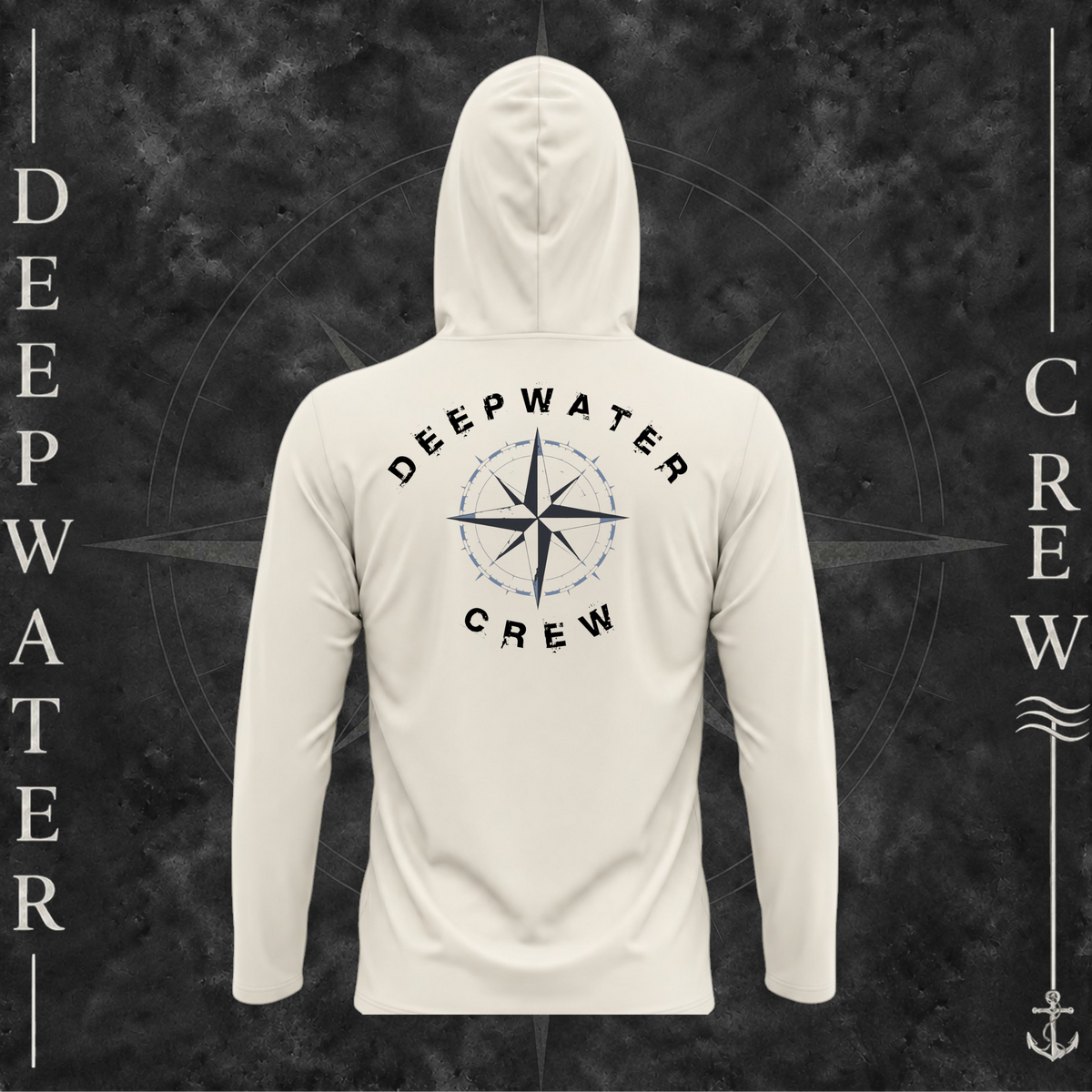 Sand Deepwater Crew Co. Deepwater Nomad UPF 50+ performance hoodie, back view with large distressed compass rose graphic and Deepwater Crew lettering.