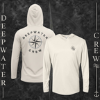 Sand Deepwater Crew Co. Deepwater Nomad UPF 50+ performance hoodie showing front and back views, with small DC compass crest logo and large distressed compass rose graphic with Deepwater Crew lettering.