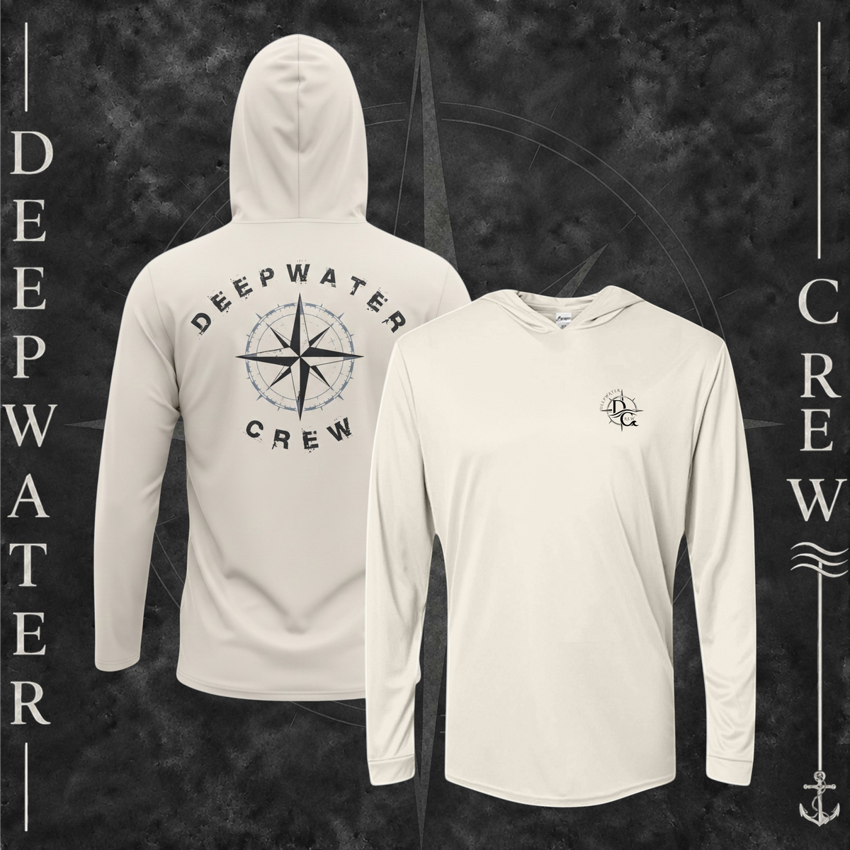 Sand Deepwater Crew Co. Deepwater Nomad UPF 50+ performance hoodie showing front and back views, with small DC compass crest logo and large distressed compass rose graphic with Deepwater Crew lettering.