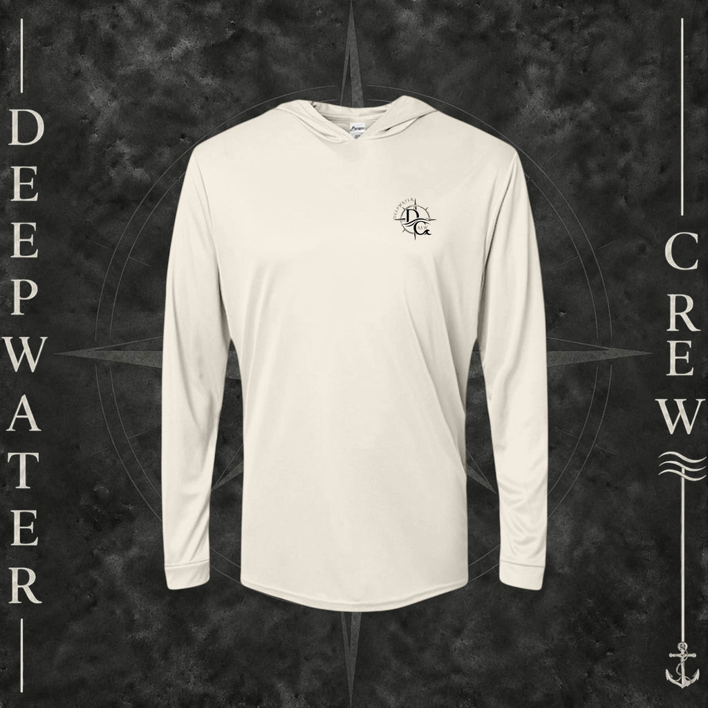 Sand Deepwater Crew Co. Deepwater Nomad UPF 50+ performance hoodie, front view with small DC compass crest chest logo.