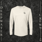 Sand Deepwater Crew Co. Deepwater Nomad UPF 50+ performance hoodie, front view with small DC compass crest chest logo.