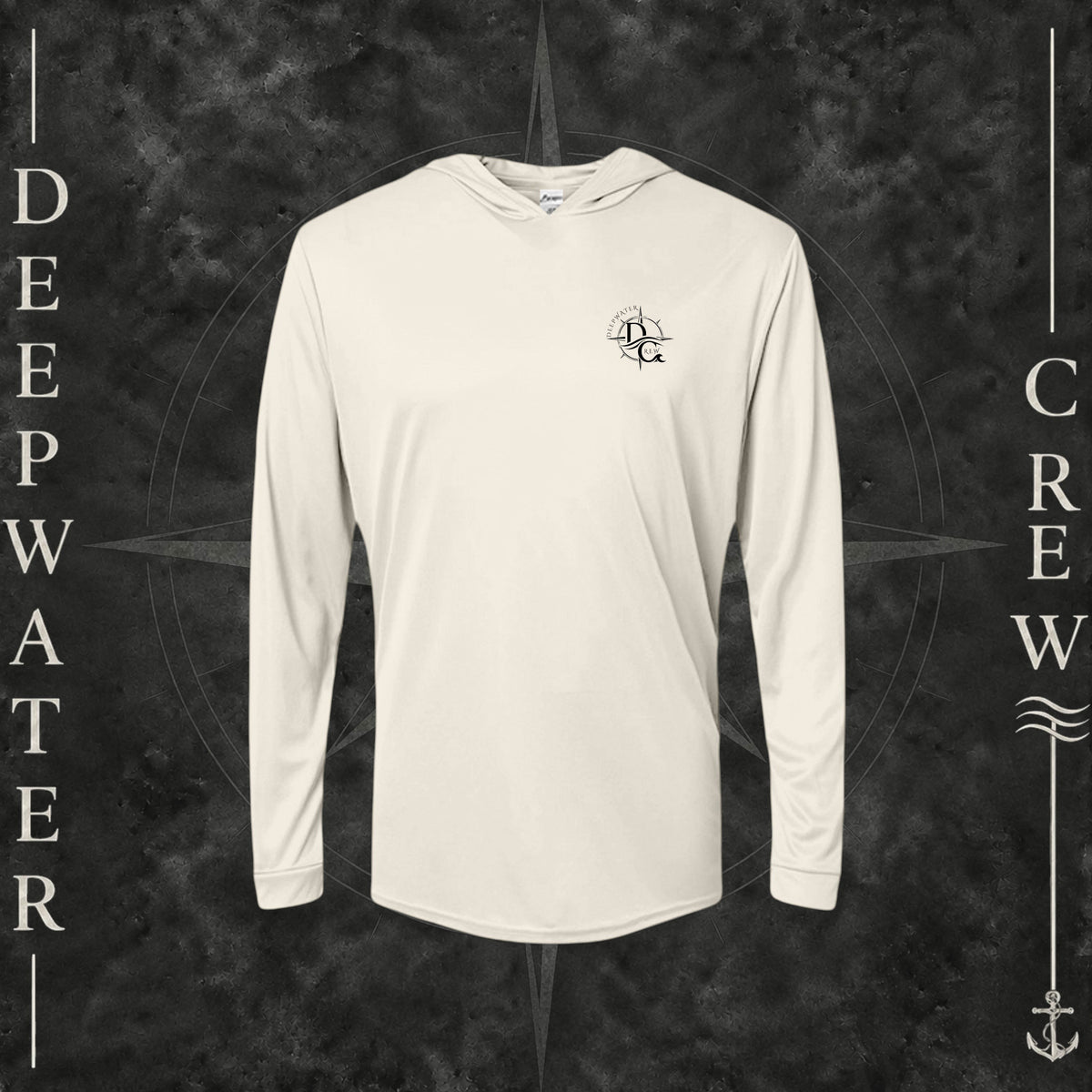 Sand Deepwater Crew Co. Deepwater Nomad UPF 50+ performance hoodie, front view with small DC compass crest chest logo.