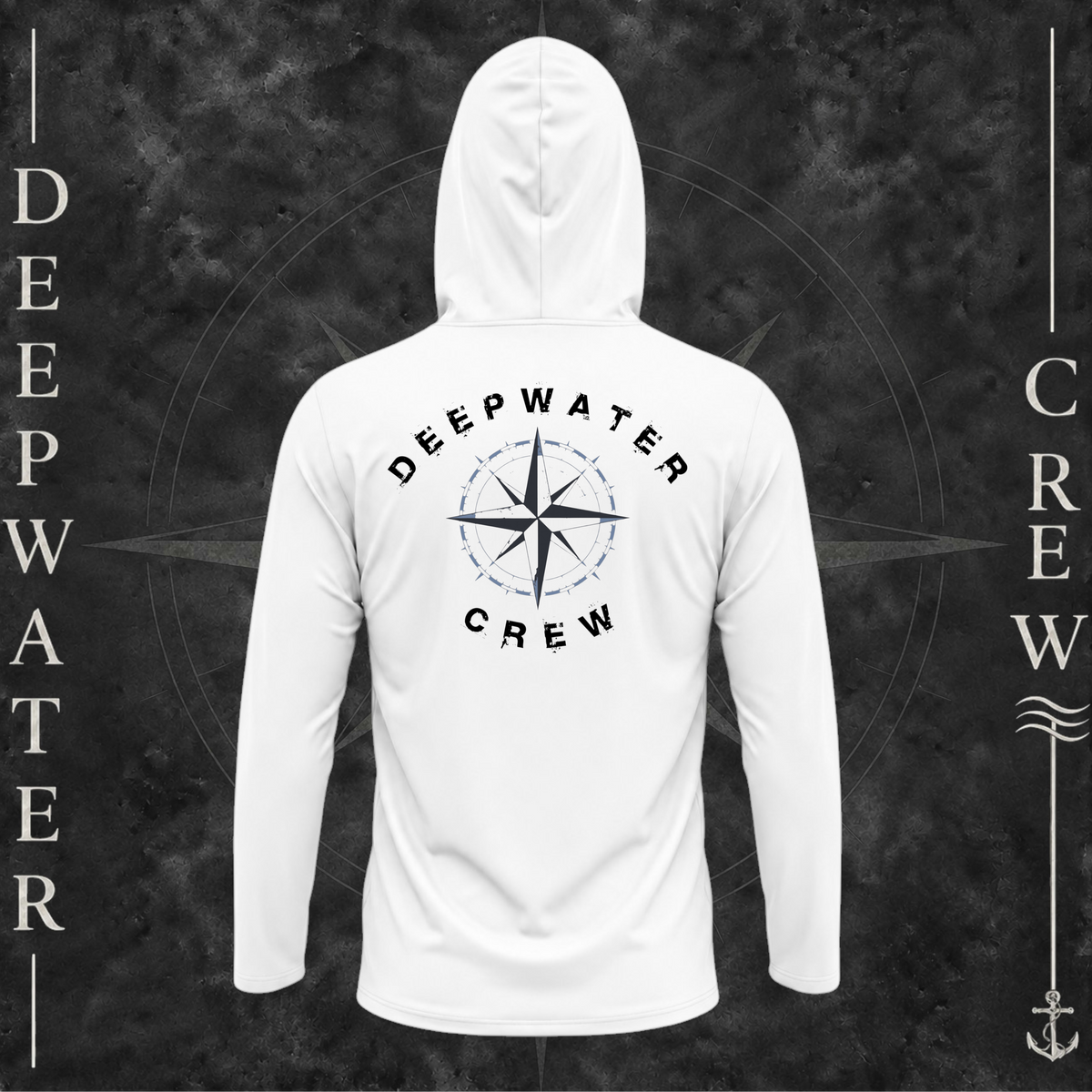 White Deepwater Crew Co. Deepwater Nomad UPF 50+ performance hoodie, back view with large distressed compass rose graphic and Deepwater Crew lettering.