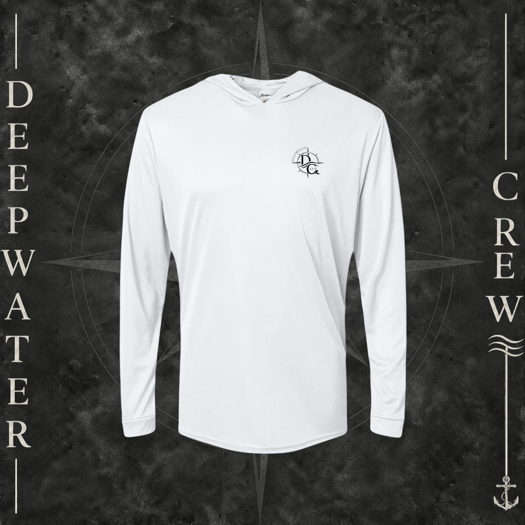 White Deepwater Crew Co. Deepwater Nomad UPF 50+ performance hoodie, front view with small DC compass crest chest logo.