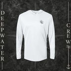 White Deepwater Crew Co. Deepwater Nomad UPF 50+ performance hoodie, front view with small DC compass crest chest logo.