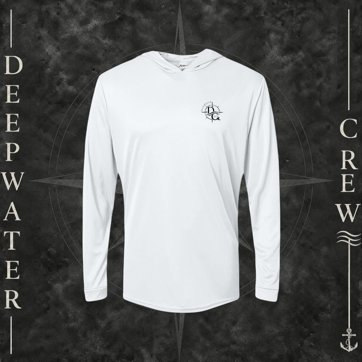 White Deepwater Crew Co. Deepwater Nomad UPF 50+ performance hoodie, front view with small DC compass crest chest logo.