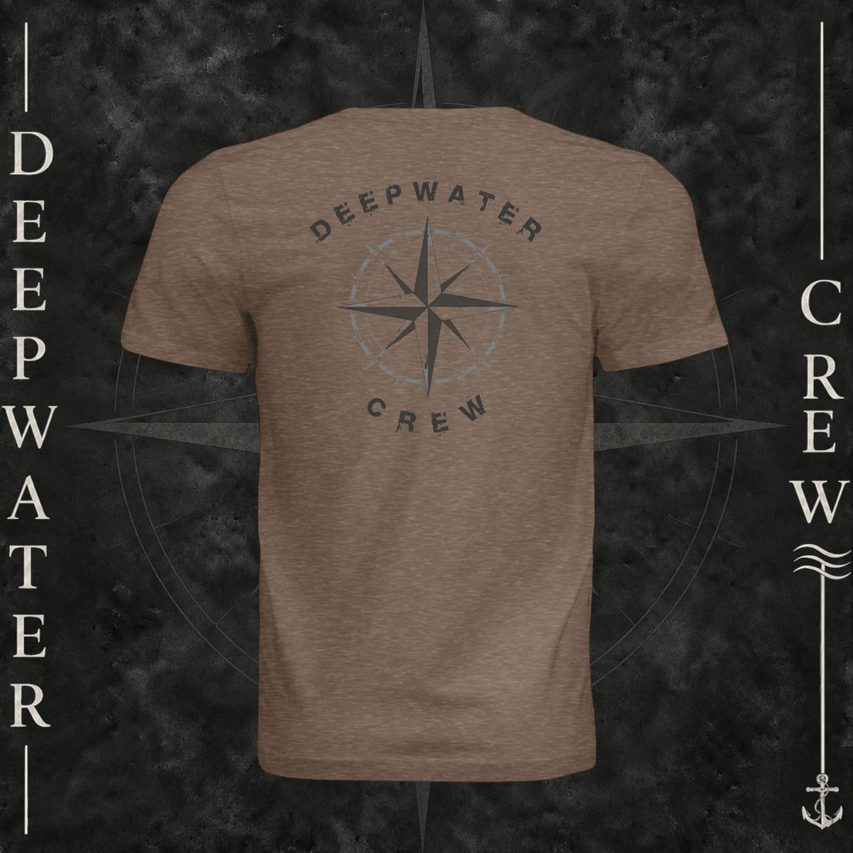 Vintage Brown Deepwater Crew Co. Deepwater Nomad crewneck T-shirt, back view with large distressed compass rose graphic and Deepwater Crew lettering.