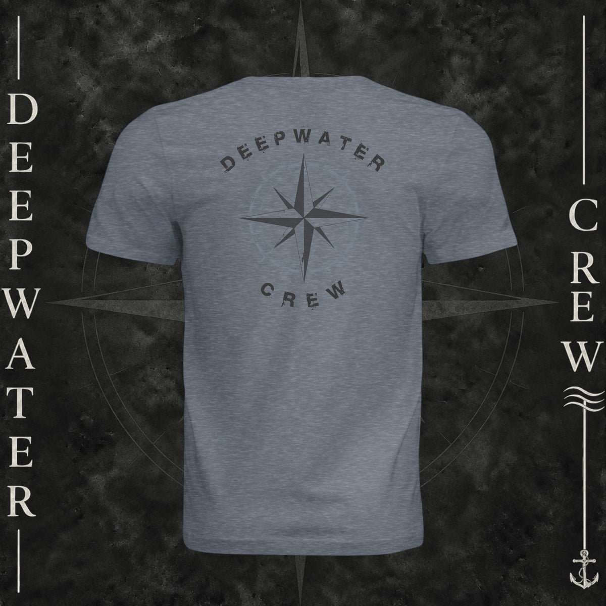Vintage Denim Deepwater Crew Co. Deepwater Nomad crewneck T-shirt, back view with large distressed compass rose graphic and Deepwater Crew lettering.