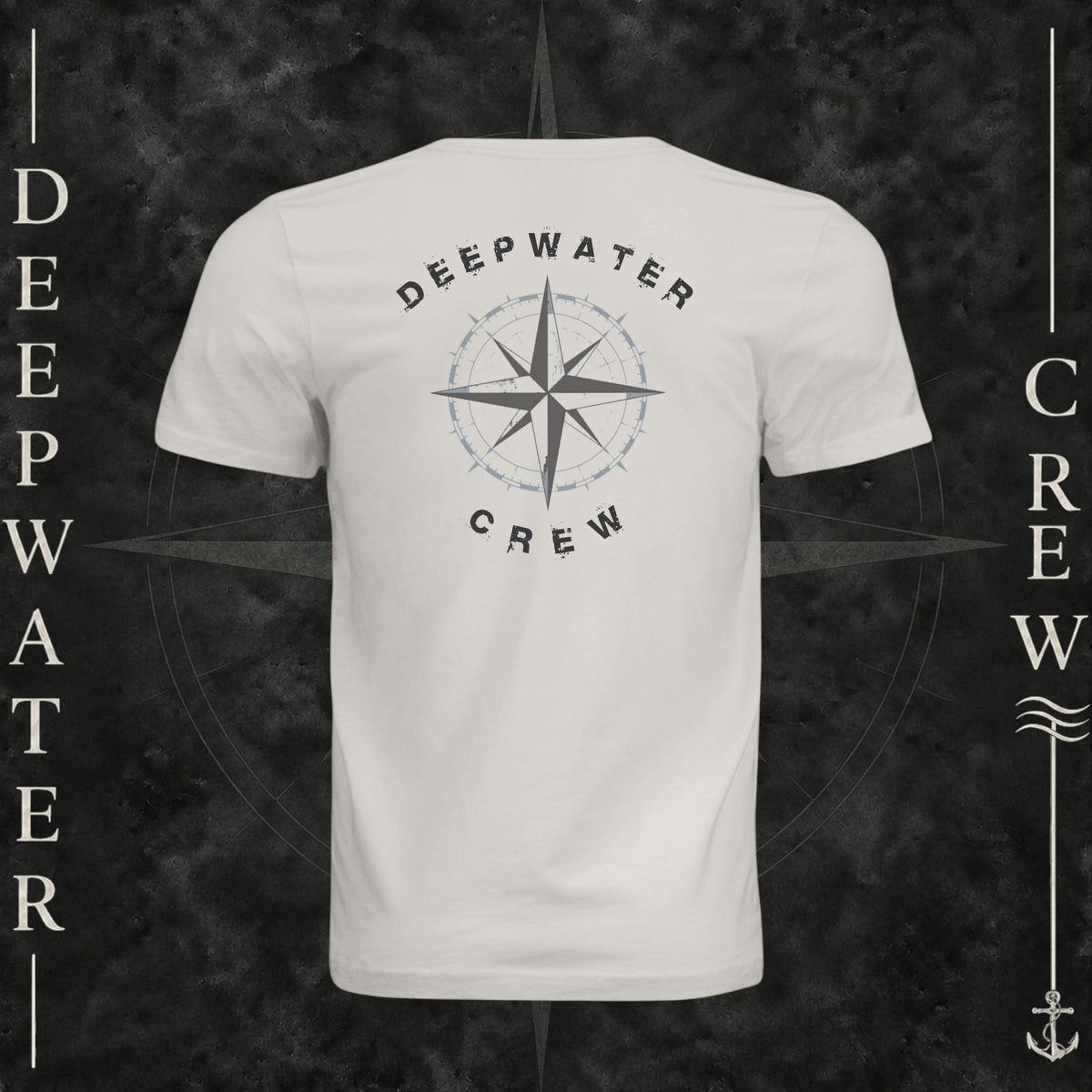 Vintage White Deepwater Crew Co. Deepwater Nomad crewneck T-shirt, back view with large distressed compass rose graphic and Deepwater Crew lettering.