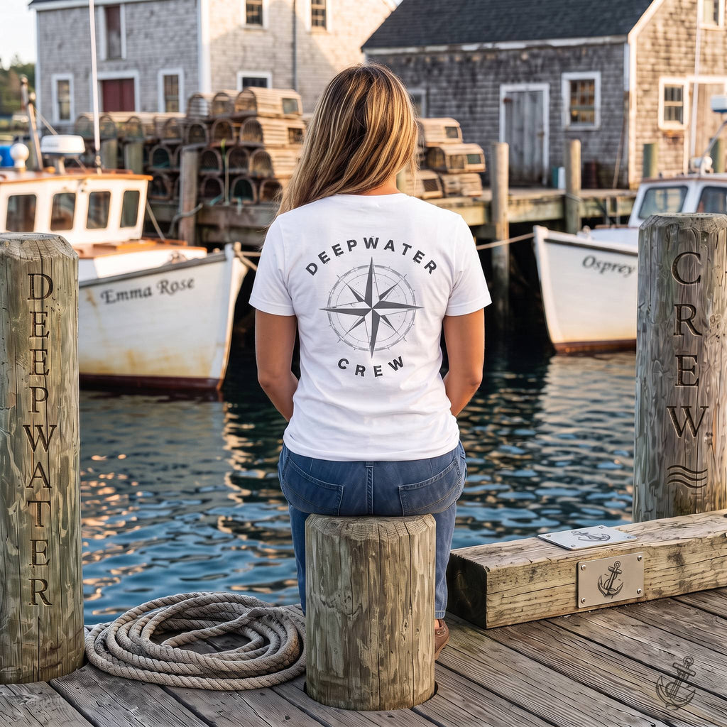 Woman wearing a white Deepwater Crew Co. Deepwater Nomad crewneck T-shirt, back view with distressed compass rose graphic while sitting on a marina dock.