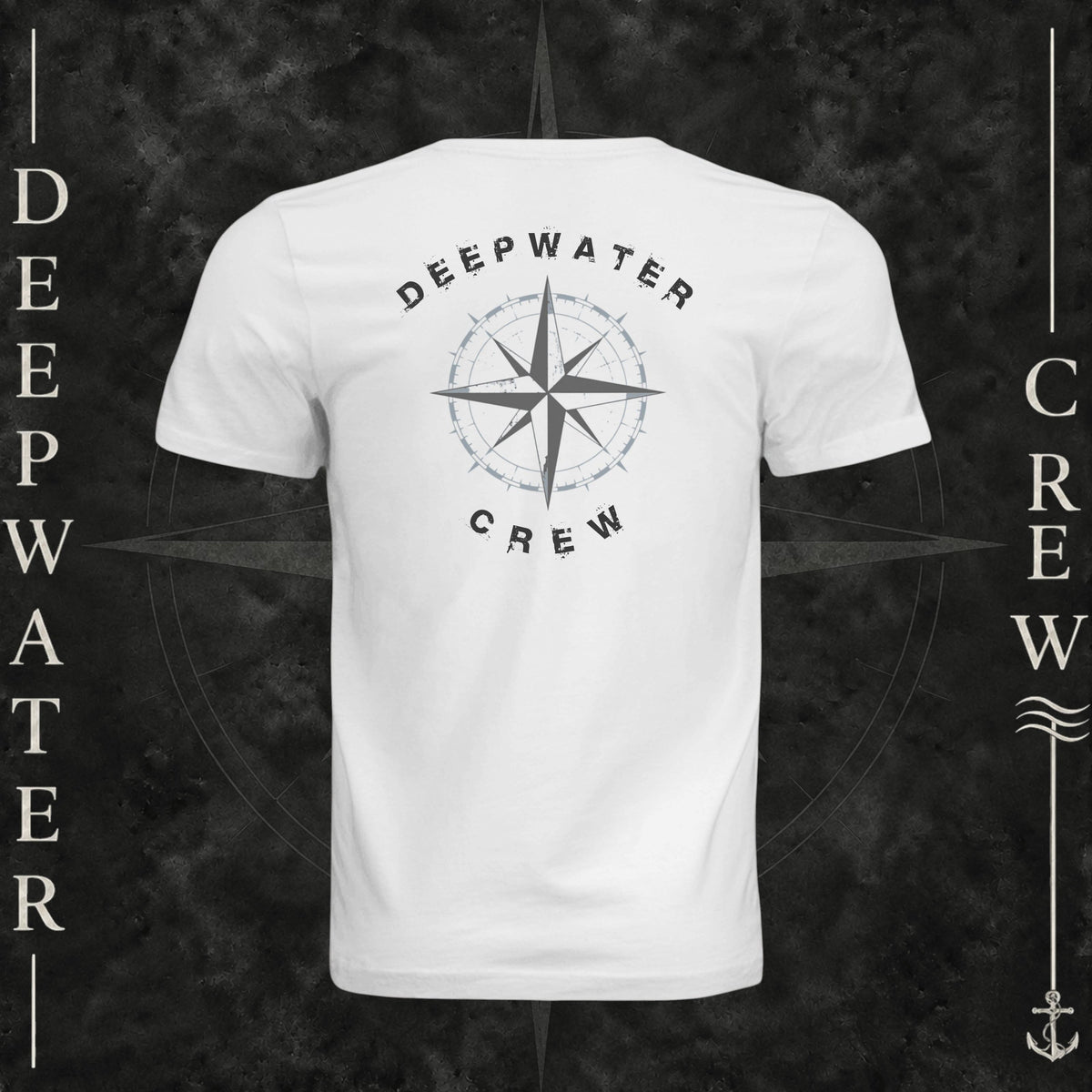 White Deepwater Crew Co. Deepwater Nomad crewneck T-shirt, back view with large distressed compass rose graphic and Deepwater Crew lettering.