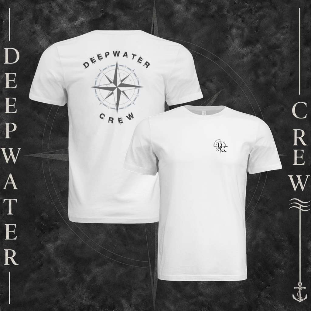 White Deepwater Crew Co. Deepwater Nomad crewneck T-shirt showing front and back views, with small DC compass crest logo and large distressed compass rose graphic with Deepwater Crew lettering.
