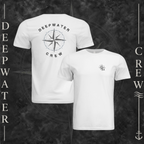 White Deepwater Crew Co. Deepwater Nomad crewneck T-shirt showing front and back views, with small DC compass crest logo and large distressed compass rose graphic with Deepwater Crew lettering.