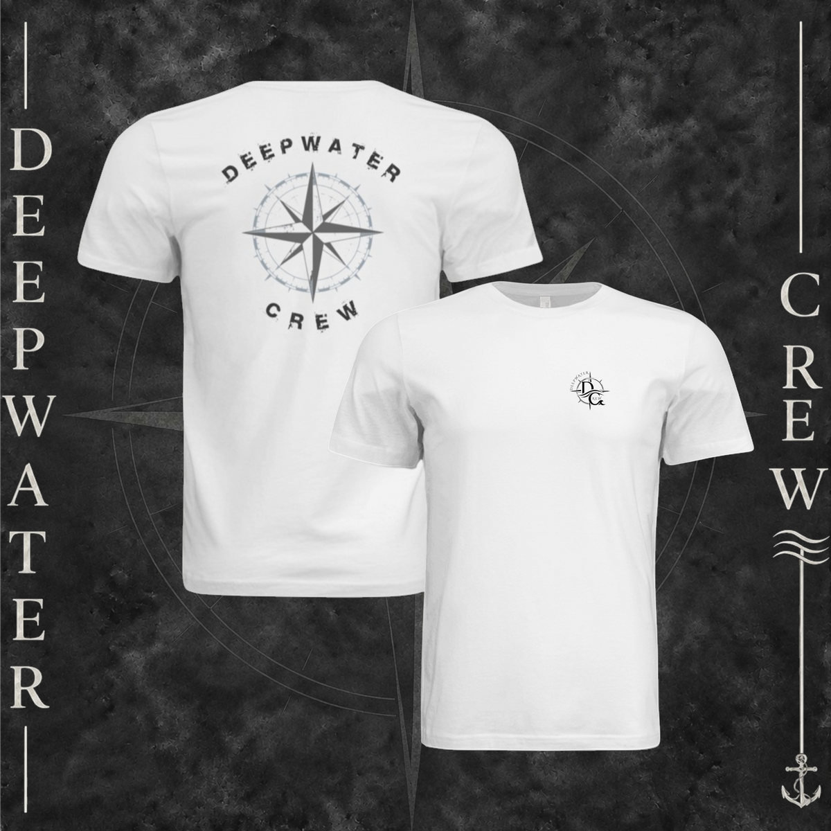 White Deepwater Crew Co. Deepwater Nomad crewneck T-shirt showing front and back views, with small DC compass crest logo and large distressed compass rose graphic with Deepwater Crew lettering.