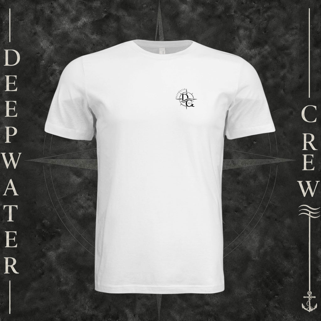 White Deepwater Crew Co. Deepwater Nomad crewneck T-shirt, front view with small DC compass crest chest logo.