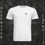 White Deepwater Crew Co. Deepwater Nomad crewneck T-shirt, front view with small DC compass crest chest logo.
