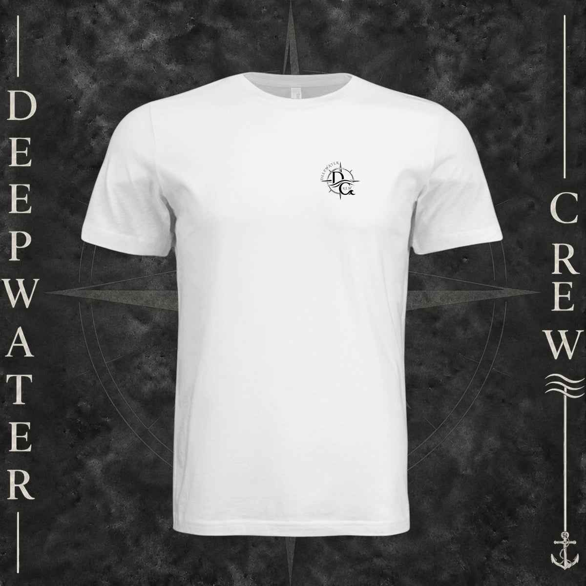 White Deepwater Crew Co. Deepwater Nomad crewneck T-shirt, front view with small DC compass crest chest logo.