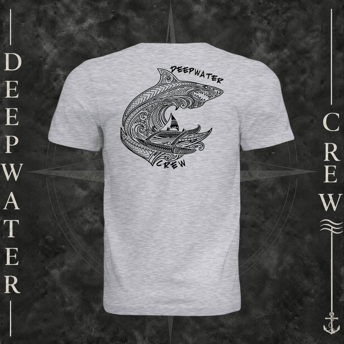 Ash Deepwater Crew Co. Deepwater Passage crewneck T-shirt, back view with large patterned shark, outrigger canoe and ocean wave graphic with Deepwater Crew lettering.