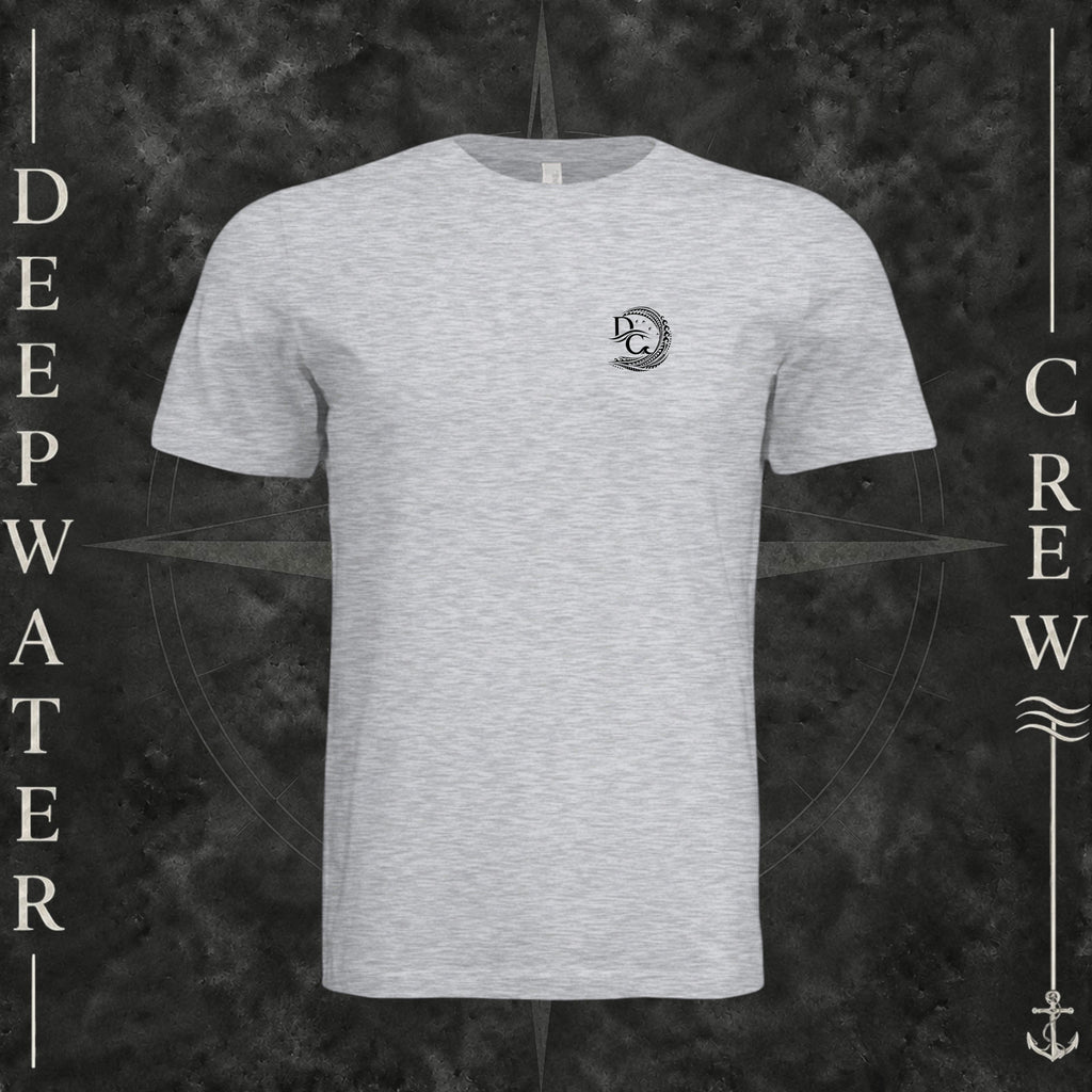 Ash Deepwater Crew Co. Deepwater Passage crewneck T-shirt, front view with small DC wave crest chest logo.