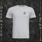Ash Deepwater Crew Co. Deepwater Passage crewneck T-shirt, front view with small DC wave crest chest logo.