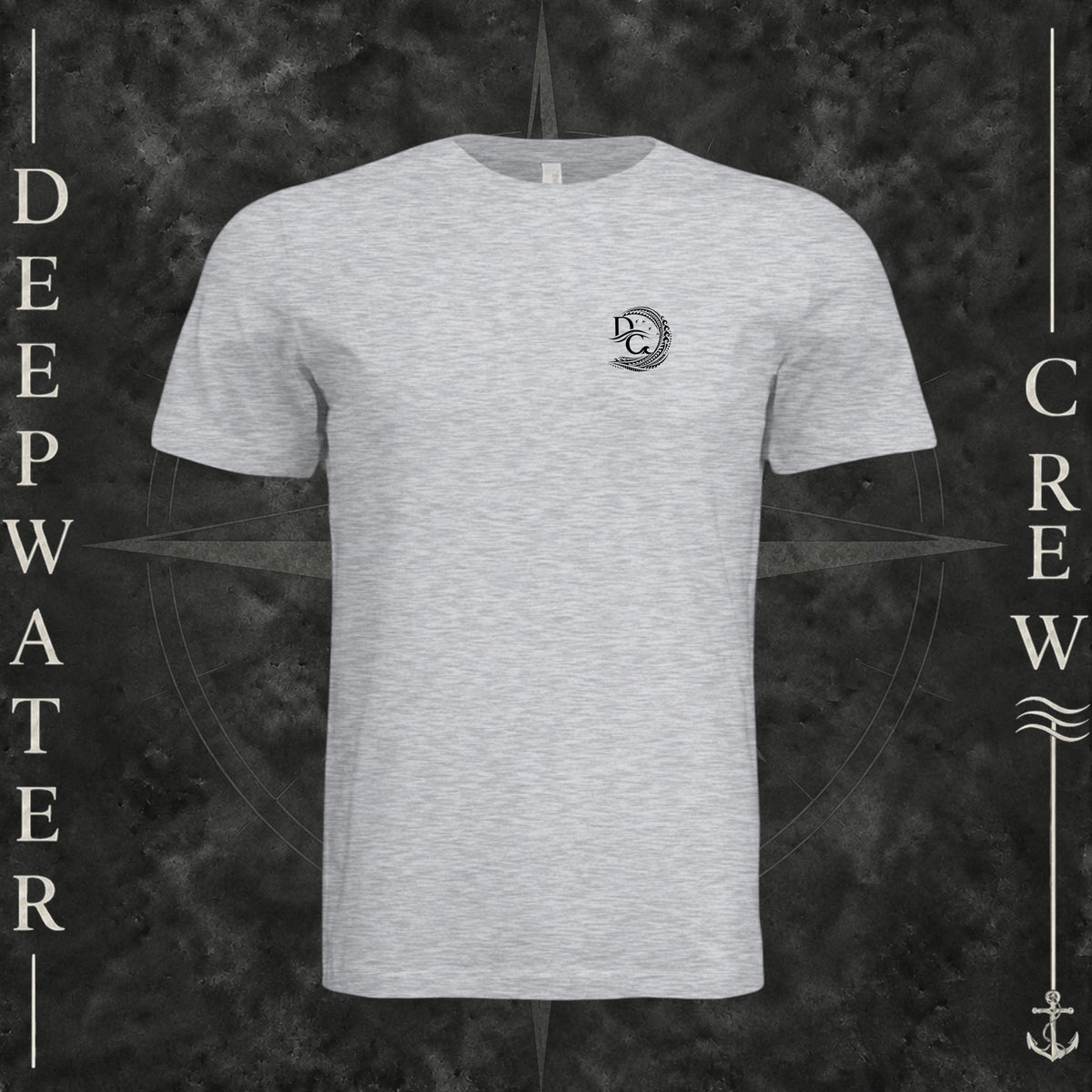Ash Deepwater Crew Co. Deepwater Passage crewneck T-shirt, front view with small DC wave crest chest logo.