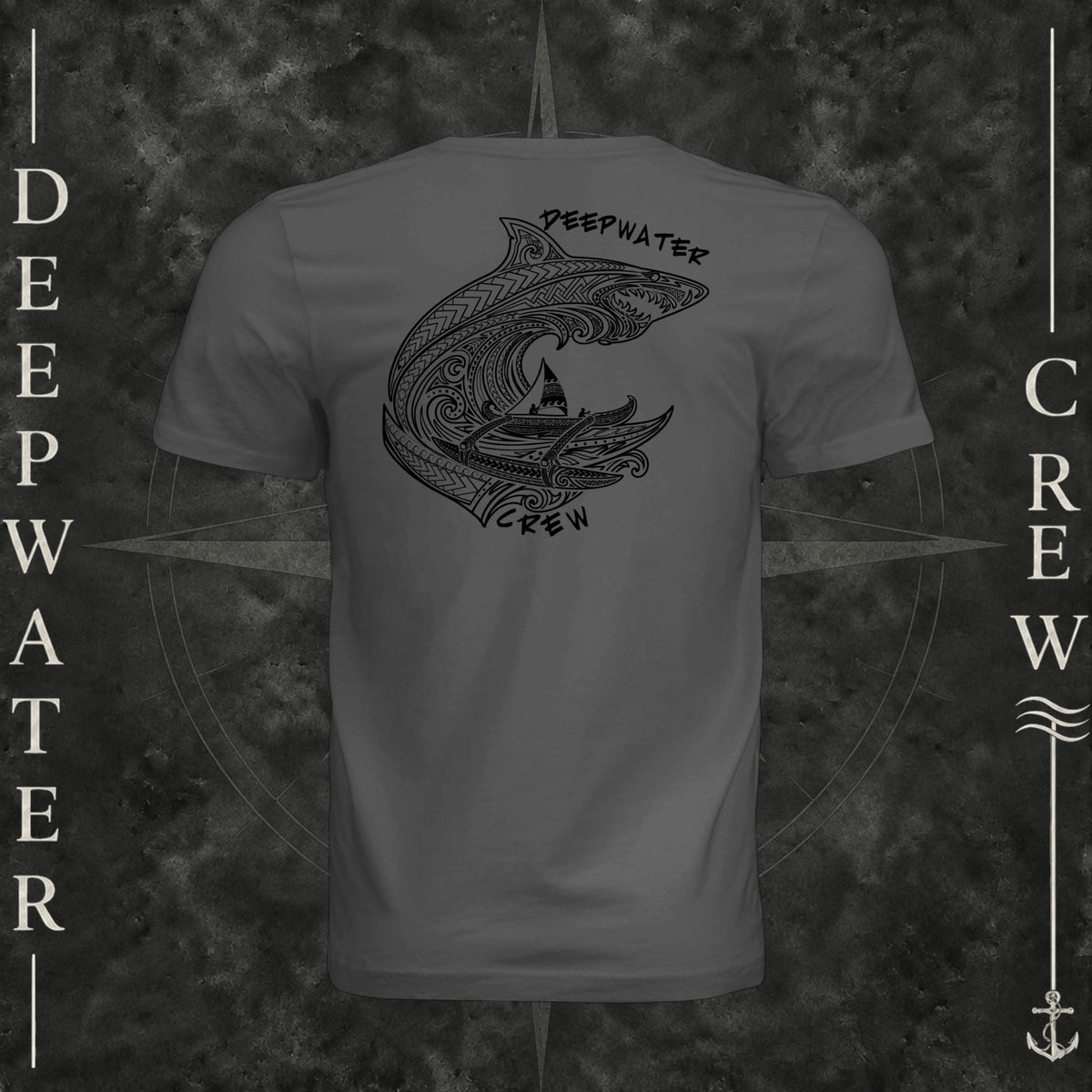 Asphalt Deepwater Crew Co. Deepwater Passage crewneck T-shirt, back view with large patterned shark, outrigger canoe and ocean wave graphic with Deepwater Crew lettering.