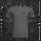 Asphalt Deepwater Crew Co. Deepwater Passage crewneck T-shirt, front view with small DC wave crest chest logo.