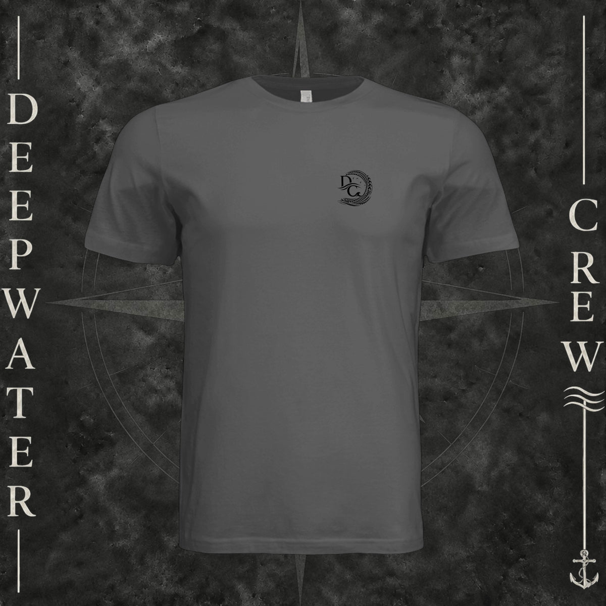 Asphalt Deepwater Crew Co. Deepwater Passage crewneck T-shirt, front view with small DC wave crest chest logo.