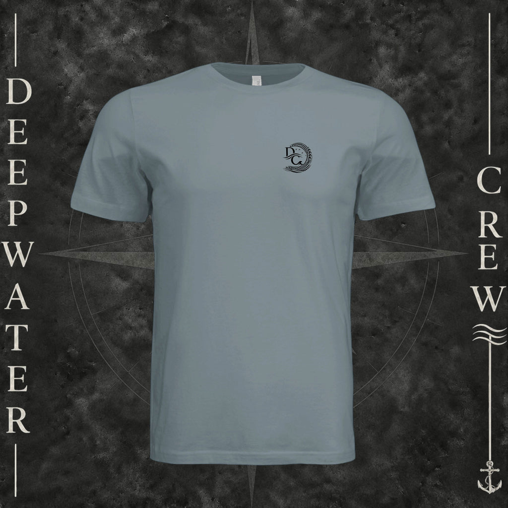 Blue Storm Deepwater Crew Co. Deepwater Passage crewneck T-shirt, front view with small DC wave crest chest logo.