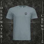 Blue Storm Deepwater Crew Co. Deepwater Passage crewneck T-shirt, front view with small DC wave crest chest logo.