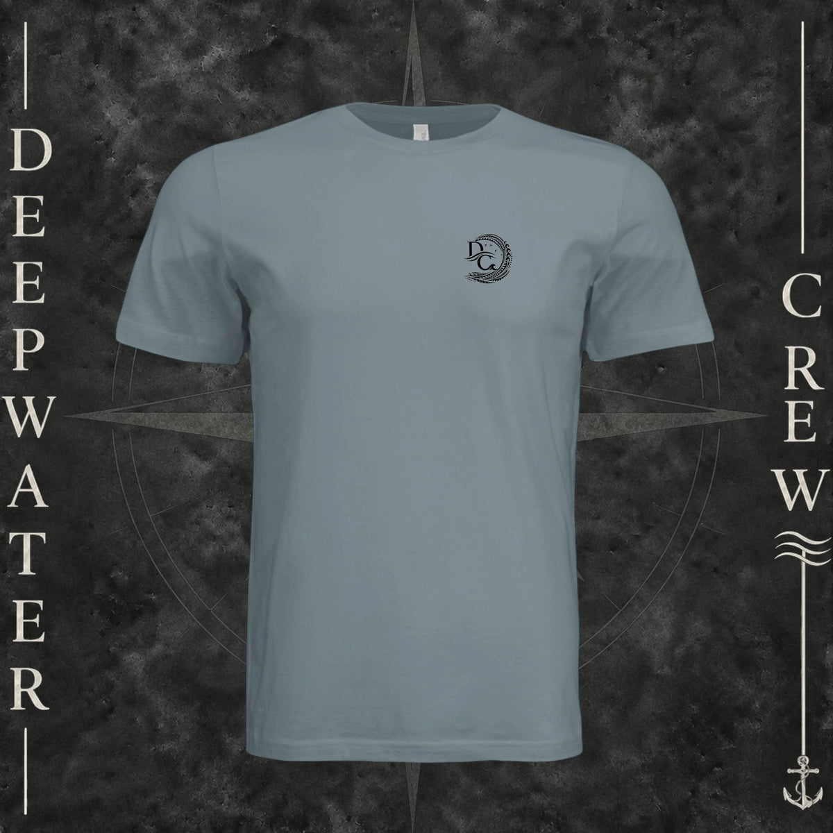 Blue Storm Deepwater Crew Co. Deepwater Passage crewneck T-shirt, front view with small DC wave crest chest logo.