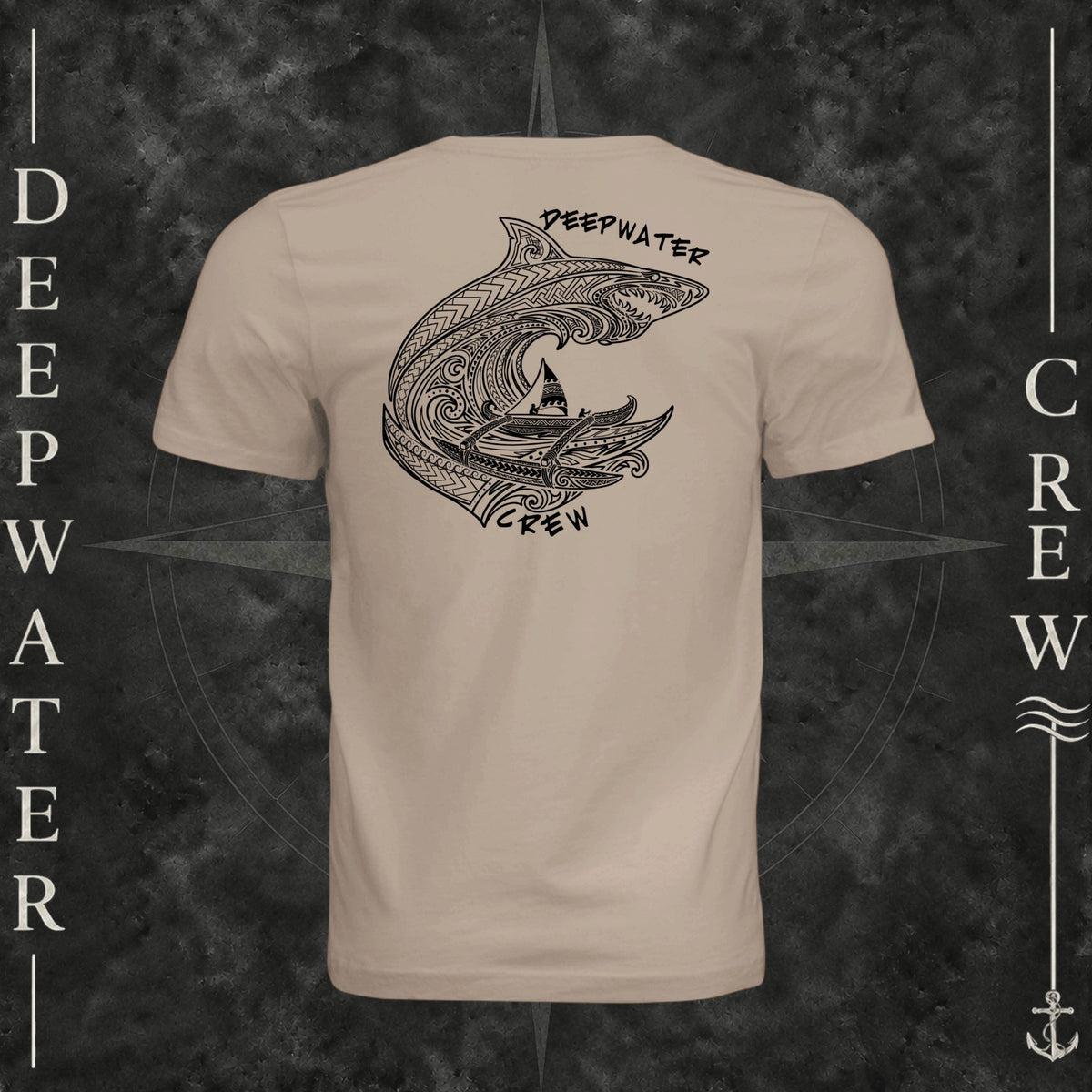 Dust Deepwater Crew Co. Deepwater Passage crewneck T-shirt, back view with large patterned shark, outrigger canoe and ocean wave graphic with Deepwater Crew lettering.