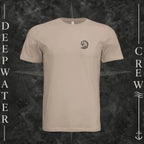 Dust Deepwater Crew Co. Deepwater Passage crewneck T-shirt, front view with small DC wave crest chest logo.