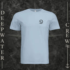 Light Blue Deepwater Crew Co. Deepwater Passage crewneck T-shirt, front view with small DC wave crest chest logo.