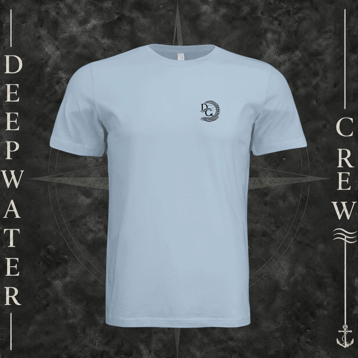 Light Blue Deepwater Crew Co. Deepwater Passage crewneck T-shirt, front view with small DC wave crest chest logo.