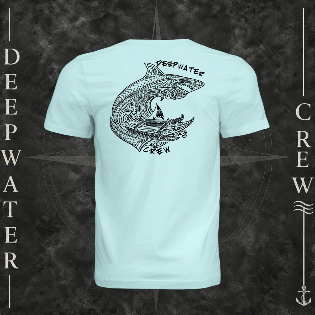 Mint Deepwater Crew Co. Deepwater Passage crewneck T-shirt, back view with large patterned shark, outrigger canoe and ocean wave graphic with Deepwater Crew lettering.