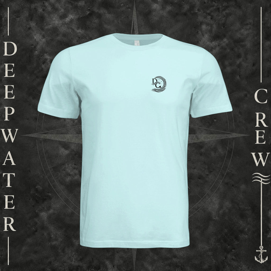 Mint Deepwater Crew Co. Deepwater Passage crewneck T-shirt, front view with small DC wave crest chest logo.