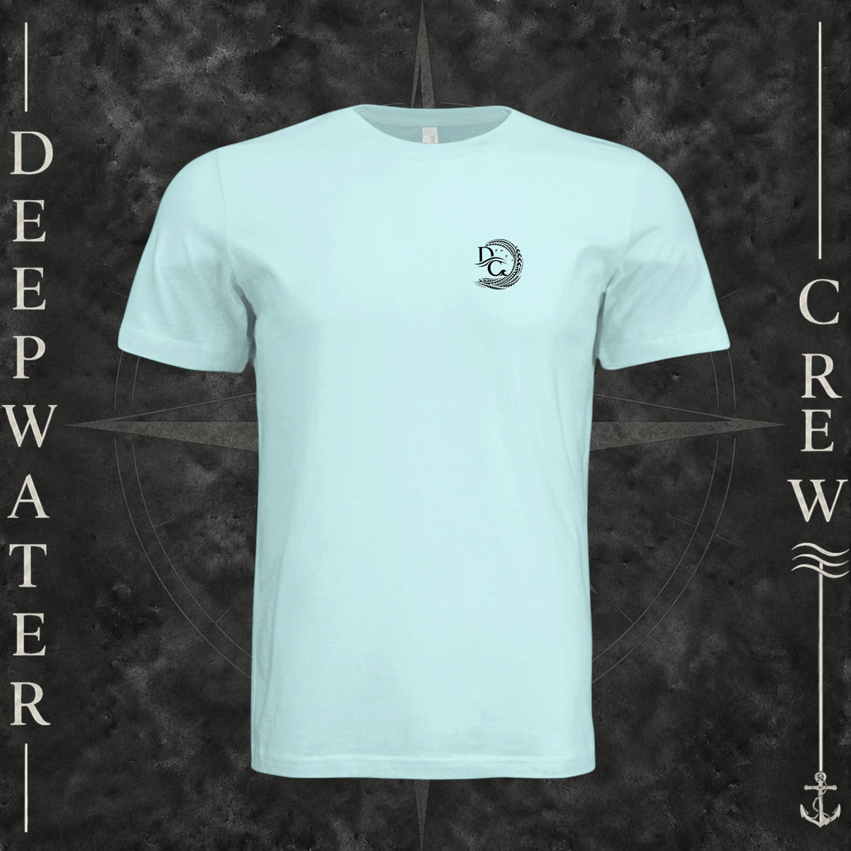 Mint Deepwater Crew Co. Deepwater Passage crewneck T-shirt, front view with small DC wave crest chest logo.